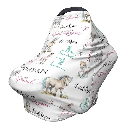 Personalized Car Seat Covers for Babies with Name – Multi-use Breastfeeding Cover Custom Horse Carseat Canopy Cover, Infant Stroller Covers for Boys and Girls