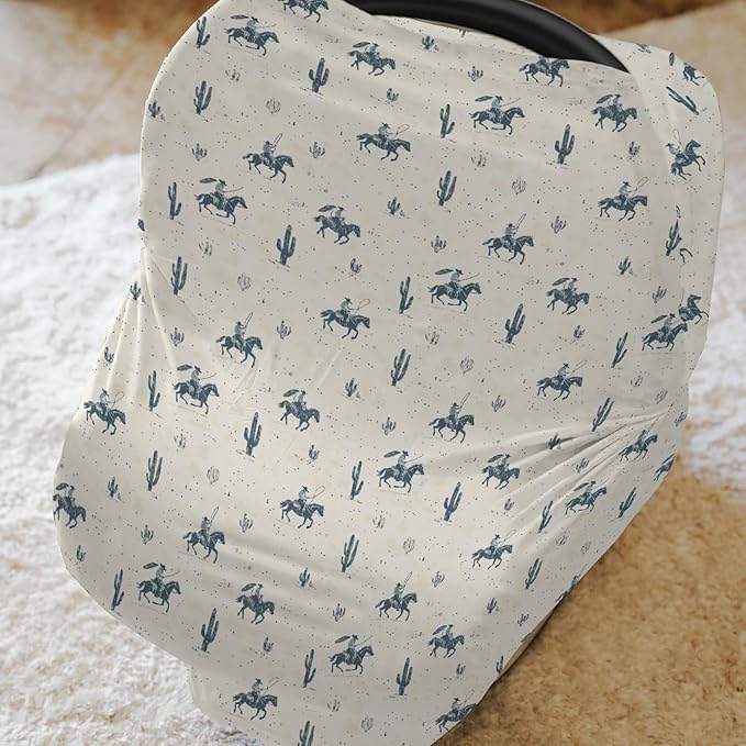Vintage Western Cowboy Car Seat Covers for Babies Retro Cowboy Horse Cactus Stretchy 5-in-1 Cover Adjustable Car Canopy Cover Wild Desert Country Breathable Nursing Cover-Up