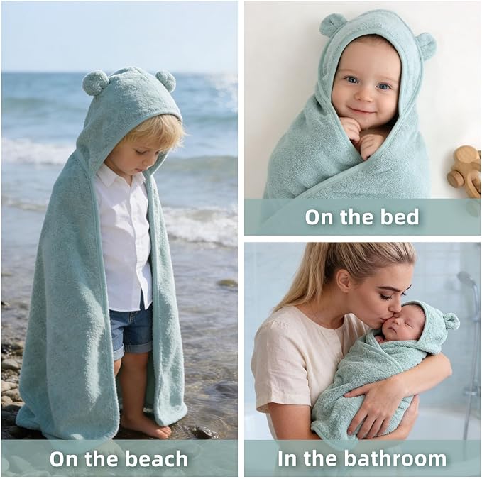 LifeTree 1 Pack Baby Hooded Towel with 1 Pack Washcloth for Newborn, 100% Cotton Bath Towel for Babies, Infant, Toddler and Kids, Thick,Soft and Absorbent, 30 * 30 Inches, Newborn Essentials, Green