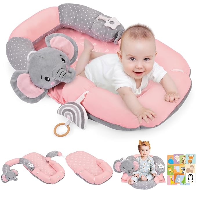 4 in 1 Tummy Time Mat with Educational Cards, Play Mat & Sitting Support for Newborn 0-12 Months, Infant Baby Sit Me Up Floor Seat, Sensory Skills Gifts, Elephant