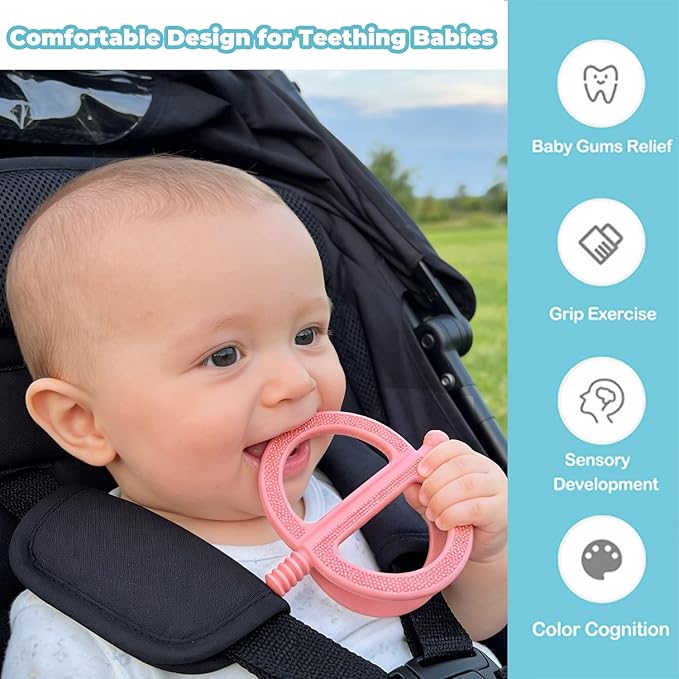 Baby Teething Toy, Nipple-Shaped with Easy-Hold Handle, Anti-Choking Design for Teething Relief, Teethers for Babies 0-36 Months, Textured Chewing Toys for Infants Toddlers (Red+Pink)