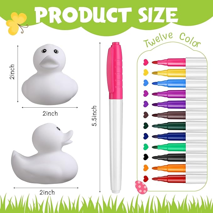 Jerify 12 Pcs 2 Inch White Blank Rubber Ducks for Kids DIY St. Patrick's Day Creative Rubber Ducks with Pens of 12 Colors for Pool Bathtub Float Cute Easter Classroom Crafts Birthday Party Favors