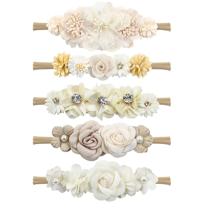 Cinaci 5 Pack Delicate Floral Flower Nylon Headbands Hair Bands Accessories for Baby Girls Newborns Infants Toddlers Kids (5 Pack S7)