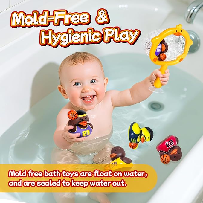 No Hole Bath Toys for Kids Ages 1-3, Sealed Bath Toys Design Keeps Water Out, Basketball Rubber Duck, Baby & Toddler Bathtub Toys(with Storage and Net)