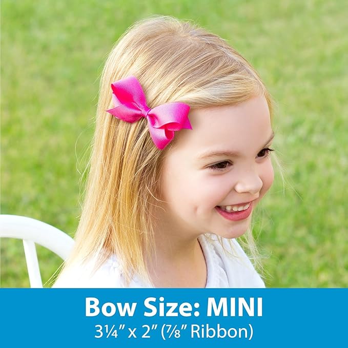 Wee Ones Girls' Classic Grosgrain Moonstitch Edge Hair Bow, No-Slip Hair Clip, Handmade, White with Hot Pink, Mini