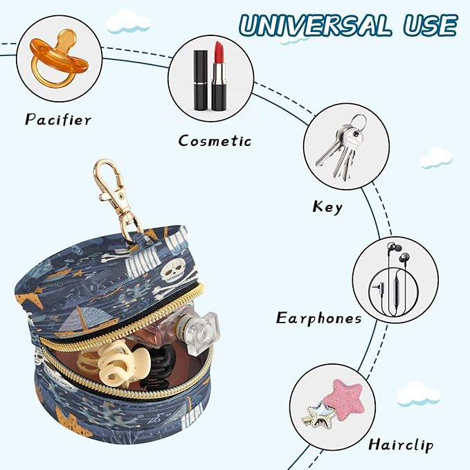 Pacifier Holder with Clip Pacifier Case for Diaper Bag Round Baby Pacifier Pouch Box Bag Portable Blue Pirate Skulls Sailboats Starfish and Compass