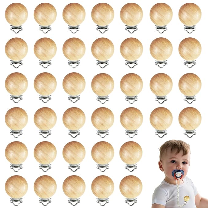 38 Pieces Wood Pacifier Clips Baby Grasping Suspender Clips Natural Beech Wood Pacifier Clip Holder Pacifier Clips Chain Accessories