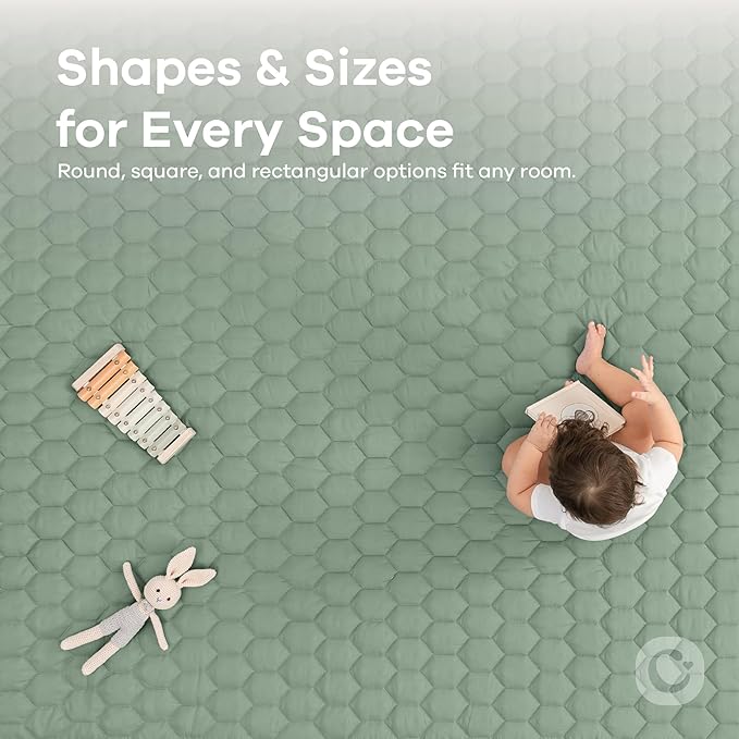 Comfy Cubs Square Kids Play Mat - 56 x 56 inches Soft Quilted Baby Floor Mat with Non-Slip Bottom - Plush Design for Toddlers' Playtime - Comfortable and Durable - Fern