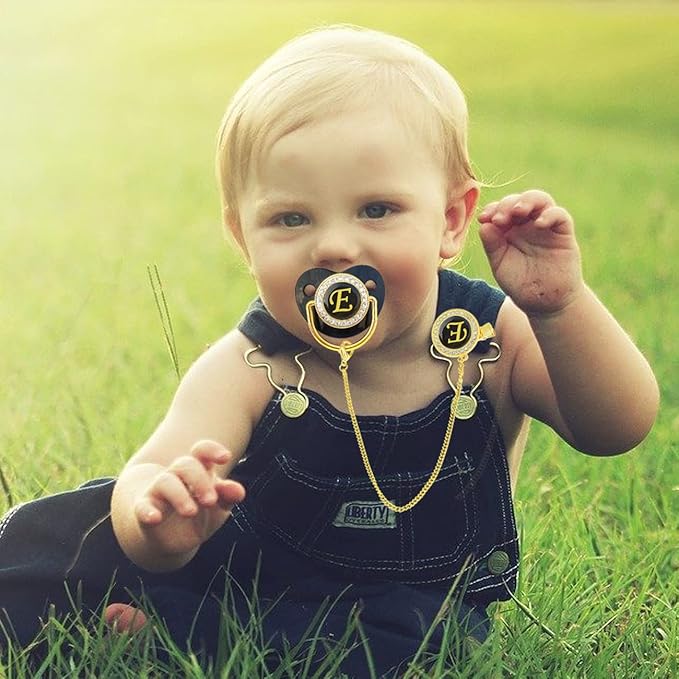 Bling Personalized Black Baby Pacifier with Pacifier Clips and Anti-dust Cover A-Z 26 Letters(Black,E)