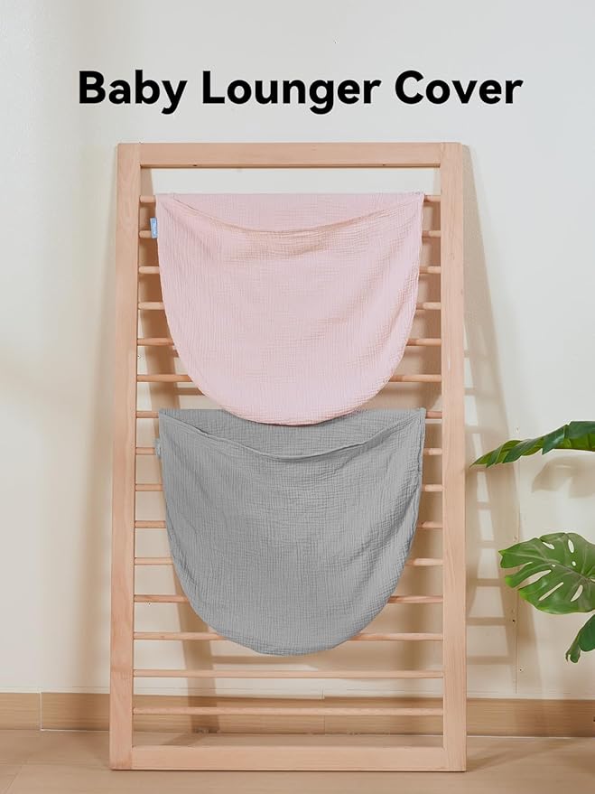 TILLYOU Muslin Baby Lounger Cover, 100% Cotton Newborn Lounger Cover, 2 Pack Baby Nest Slipcover for Boys Girls, Cover Only, Grey and Pink