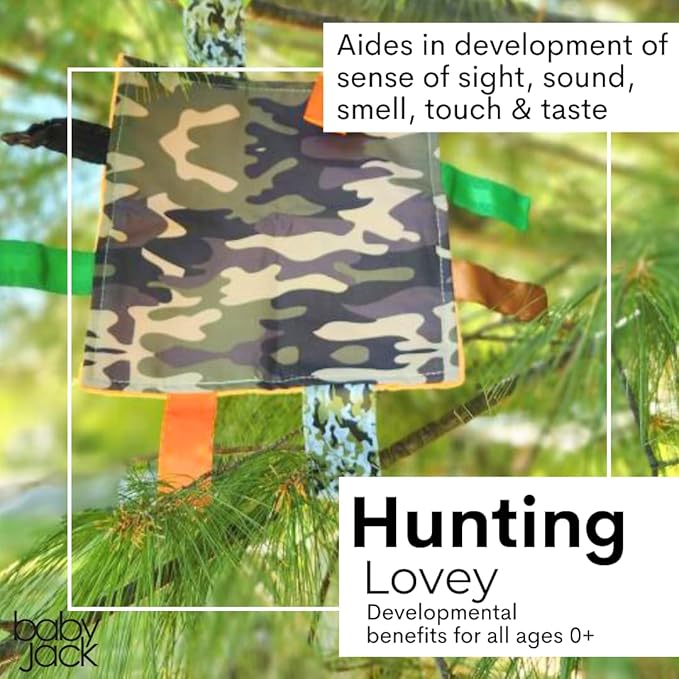 Baby Jack & Co 8x8 Hunting Camo Lovey Tag Toys - Baby Crinkle Toys - Soft & Safe - Learn Shapes & Colors - Ideal Baby Toy - BPA Free w/Stroller Clip