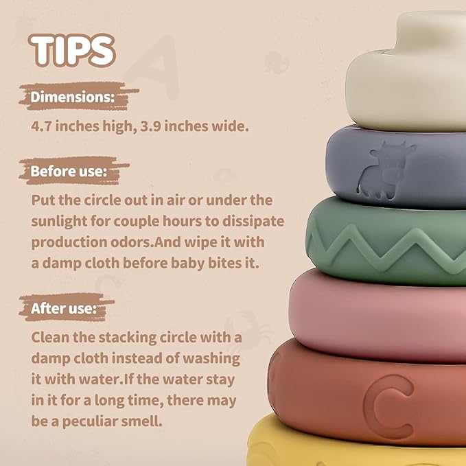 Mini Tudou 6 Pcs Stacking & Nesting Circle Toy 4.7",Soft Building Rings Stacker & Teethers,Squeeze Play with Early Educational Learning Stacking Tower, Toy for 6+ Months Boys&Girls