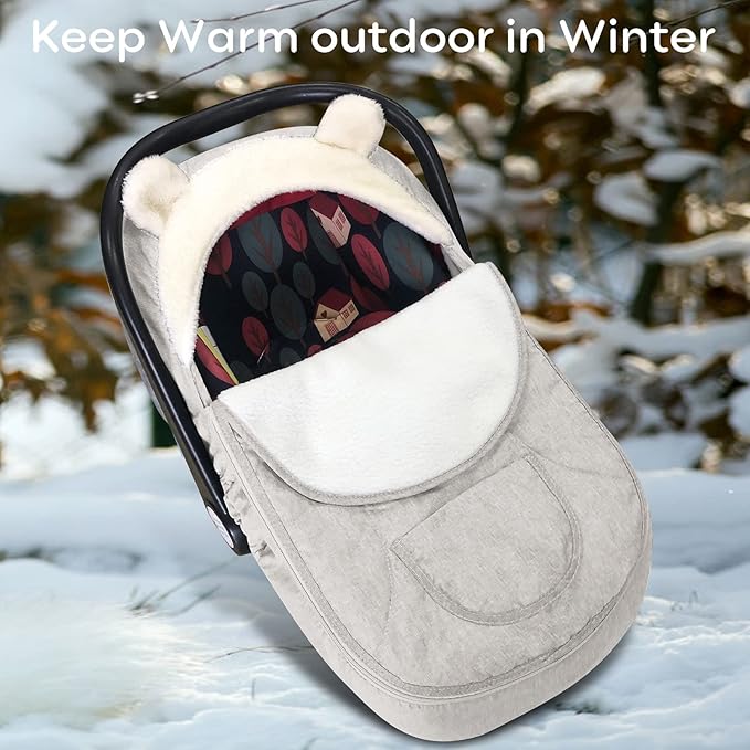 Baby Car Seat Cover for Infant Newborn - Universal Fitted 3-Season (Winter/Spring/Autumn) Canopy, Warm Breathable with Mesh Cover, Unisex for Baby Boy Girl - Beige