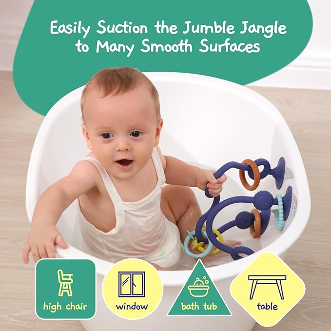 Jumble Jangle Baby Teething Toys – BPA-Free, Multi Purpose High Chair Toys & Sensory Toys for Kids with Autism: Suction Teething Relief with Sensory Toy Textures for Infants and Toddlers (Light Blue)