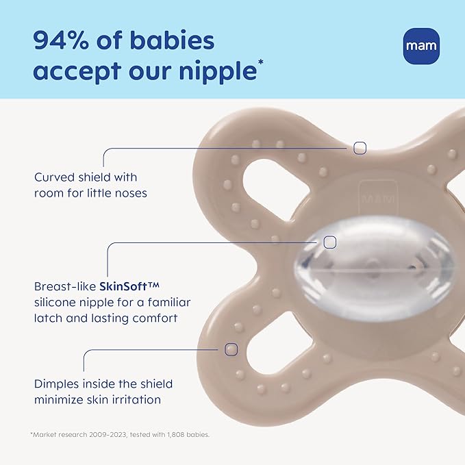 MAM Original Start Baby Pacifiers 0-3 Months, BPA-Free Skin Soft Silicone Nipple, Glows in The Dark, Developed with Medical Experts Specially for Smaller Newborn Mouths, 4 Pk, Made in Europe