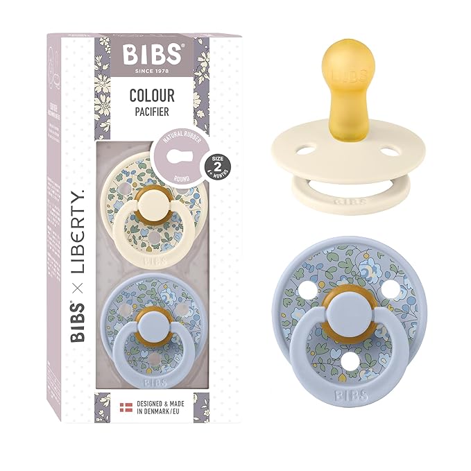 BIBS Liberty Soother 2-Pack, BPA Free Dummy Pacifier, Round Nipple. Natural Rubber Latex, Made in Denmark, Size 2 (6-18 Months), Eloise Dusty Blue