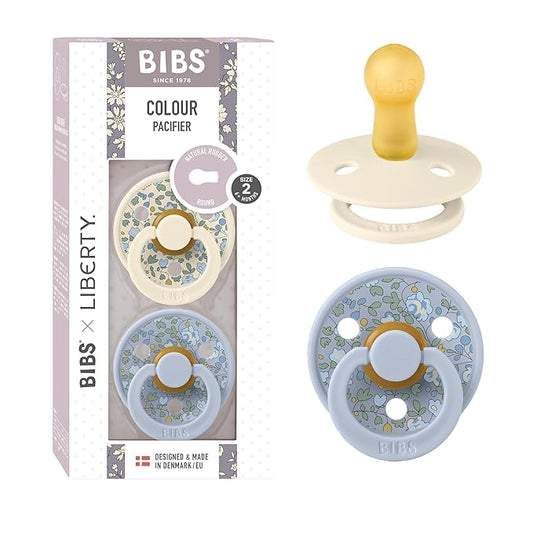 BIBS Liberty Soother 2-Pack, BPA Free Dummy Pacifier, Round Nipple. Natural Rubber Latex, Made in Denmark, Size 2 (6-18 Months), Eloise Dusty Blue