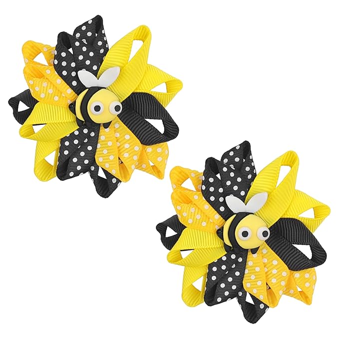 Bee Bow Hair Clips Cute Bee Hair Bows Hair Barrettes Honeybee Yellow Black Polka Dot Bows Hair Pins Spring Hair Accessories for Girls Toddlers Teens Animal Themed Birthday Party Supplies 2PCS