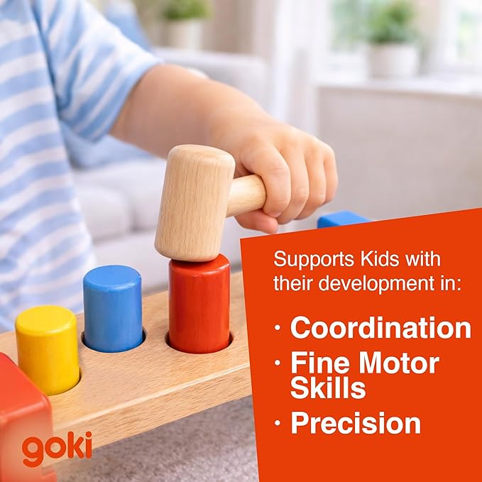 Goki Wooden Pound-A-Peg Toy with Hammer | Classic Pounding Bench for 2 Year Olds | Preschool Learning & Montessori Activity Set - Durable Educational Birthday Gift for Toddlers