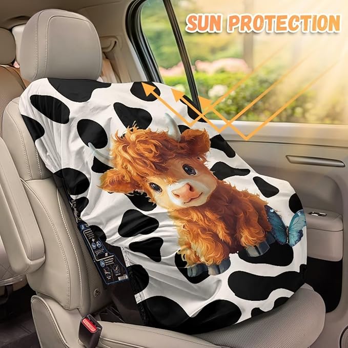 Car Seat Sun Shade Cover Cute Highland Cow Car Seat Protector for Child Car Seat, Universal Fit, Keeps Baby's Carseat at Cooler Temperature, Blocks Out Heat & Sun UV Covers
