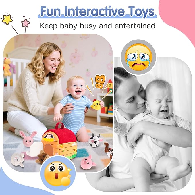 Baby Toys 6-12 Months, Plush Barn with Stuffed Farm Animals, Sensory Rattle, Mirror, Crinkle, Montessori Toys for 6 Month Old Babies for Infant & Toddler 1-3 Boy and Girls