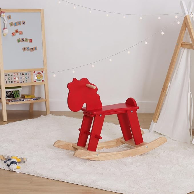 Red Wooden Rocking Horse for Preschool (Ages 3-6) - Solid Rubber Wood, Safe & Comfortable Footrest, Supports Physical & Cognitive Growth, Vintage