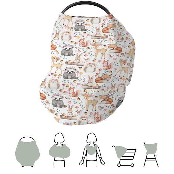 Watercolor Spring Forest Animals Floral Baby Car Seat Covers Deer Hedgehog Squirrel Rabbit Bird Mushroom Stretchy 5-in-1 Cover Adjustable Car Canopy Breastfeeding Covers Breathable Nursing Cover-Up