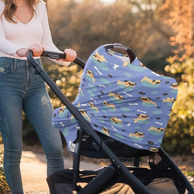 Binienty Cute Pug Infant Carseat Canopy, Dog Paw Prints Breathable Breastfeeding Scarf for Moms, Stretchy Fabric All-Season Use Baby Stroller Canopies