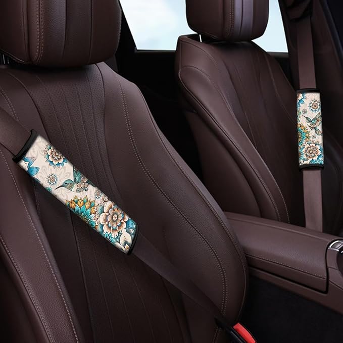 Biyejit Car Seat Belt Covers for Adults Kids, Seatbelt Cushions Pads Cover for Trucks SUV, Car Accessories Decorations 2Pcs, Boho Hummingbirds