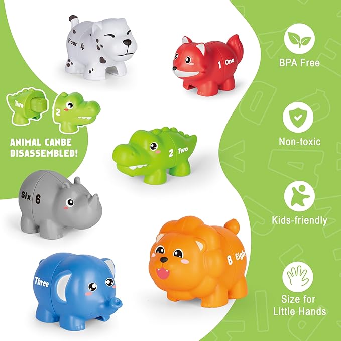 Jetbotell Learning Toys for 2 3 4 Year Old, 20 Pcs Number Matching Game with Digital English, 10 Different Animal Figures, Preschool Activities Montessori Fine Motor Toys for Toddlers Kids