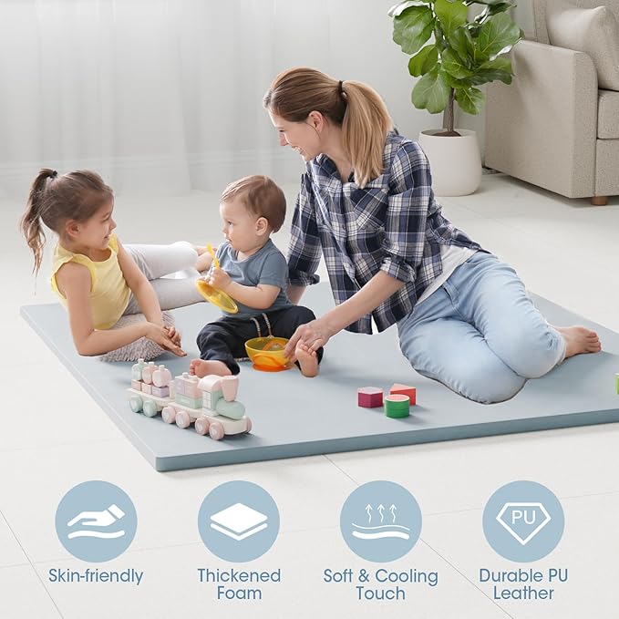 comehealthy Baby Play Mat for Floor, 50x50 Vegan Leather Playpen Mat, Thickened Foam Cushioned Mat for Infants and Toddlers, Waterproof, Non-Slip & Stylish Playmat for Babies, Easy to Clean, Blue