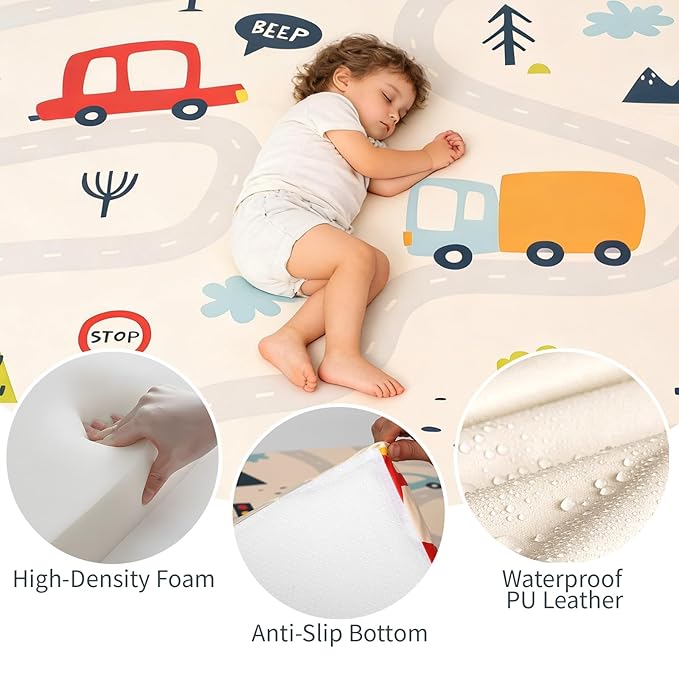 1.3" Thick Baby Play Mat for Floor，50x50 PU Leather Playpen Mat for Toddlers Infant Kids,Ultra Soft Support Cushioned & Waterproof Playmat for Baby,Non-Slip Backing Safe for Crawling/Car Pattern