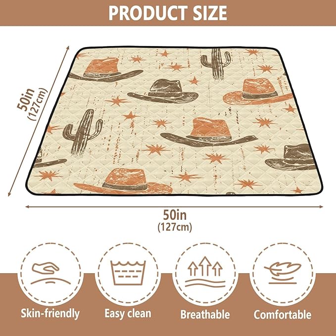 Baby Play Mat Desert Cowboy Hat and Cactus 50 x 50 Playpen Baby Mats for Floor Play Gym Crawling Mat Non-Slip Cushioned Playmat for Infants, Babies, Toddlers