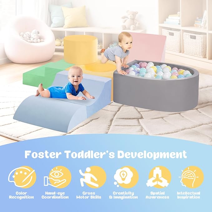 CAMELUS Climbing Toys for 1 Year Old, Foam Baby Climbing Blocks with Ball Pit for Toddlers, 6-Piece Soft Play Set, Indoor Climb Crawl Activity Play, Birthday (Balls not Included)