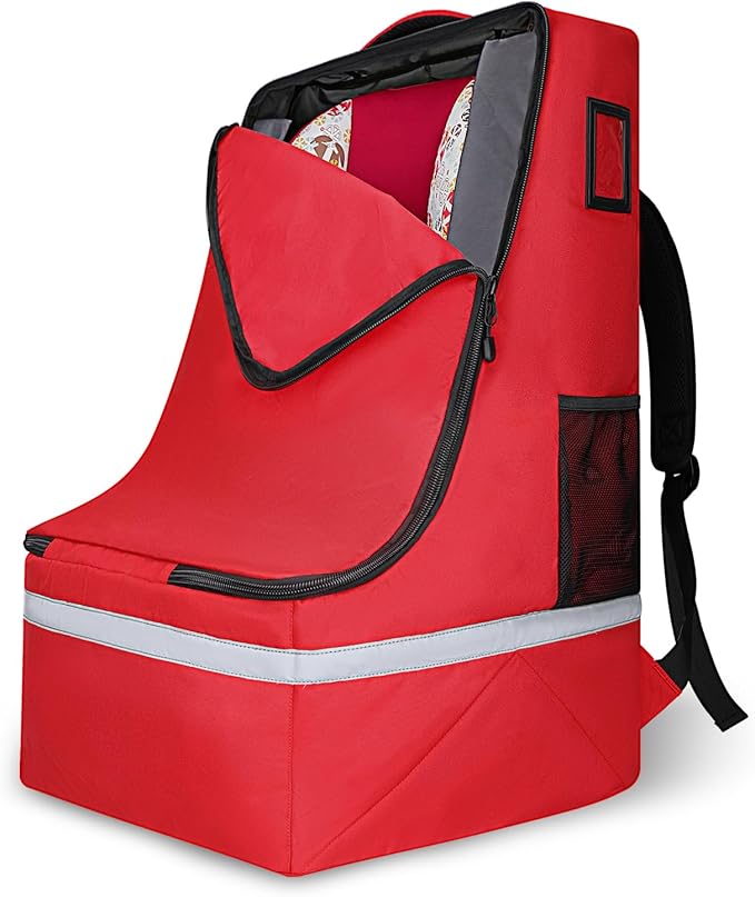 LARIPOP Car Seat Travel Bag for Airplane, Universal Gate Check Car Seat Bag, Padded Backpack with Waist Belt, Reflective Strips & Protective Feet, Fits Infant Convertible Booster Seats, Red