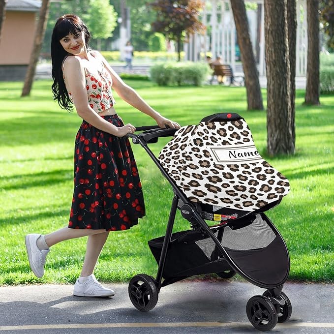 Custom Leopard Cheetah Baby Car Seat Cover Personalized Your Name Nursing Covers Breastfeeding Scarf Infant Carseat Canopy for Mom Baby Gift