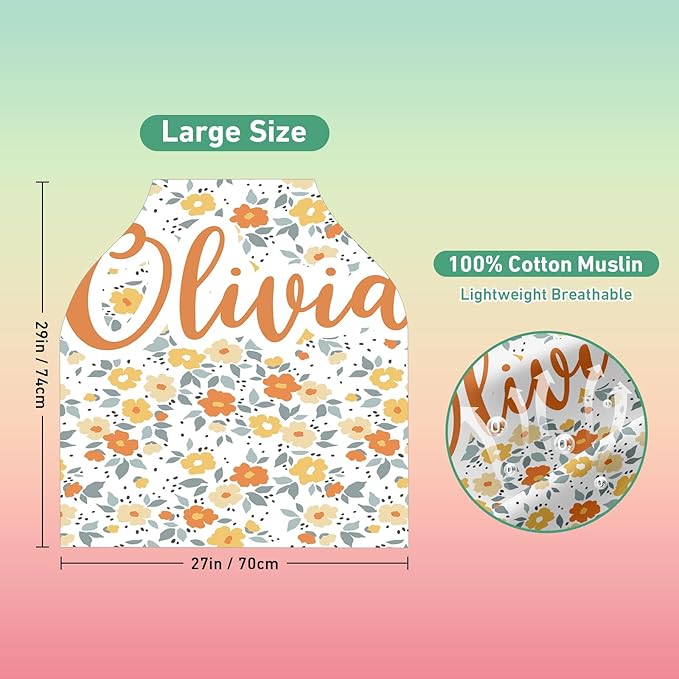 Personalised Car Seat Cover for Babies - Multi-use Carseat Canopy Cover with Name, Car Seat Covers, Christmas Birthday Gifts for Infant Boys and Girls Orange Flower Pattern