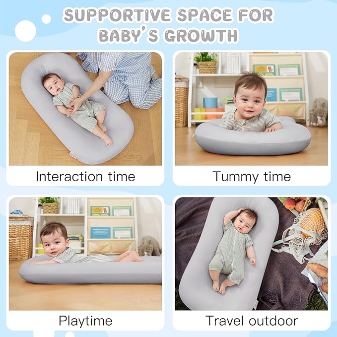 Lucakuins Infant Support Cushion, 0-24 Months Newborn Baby Support Cushion with Cover, Portable Playing Time Mat for Home and Travel, Soft Cotton, Supervised Use, Baby Essentials Gift (Grey)