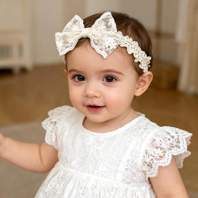 Handmade Baby Girl Headbands in Beige Baby Bows and Floral Lace Headband Bows for Newborns and Toddlers Cute Baby Girl Bows and Newborn Headband Bows