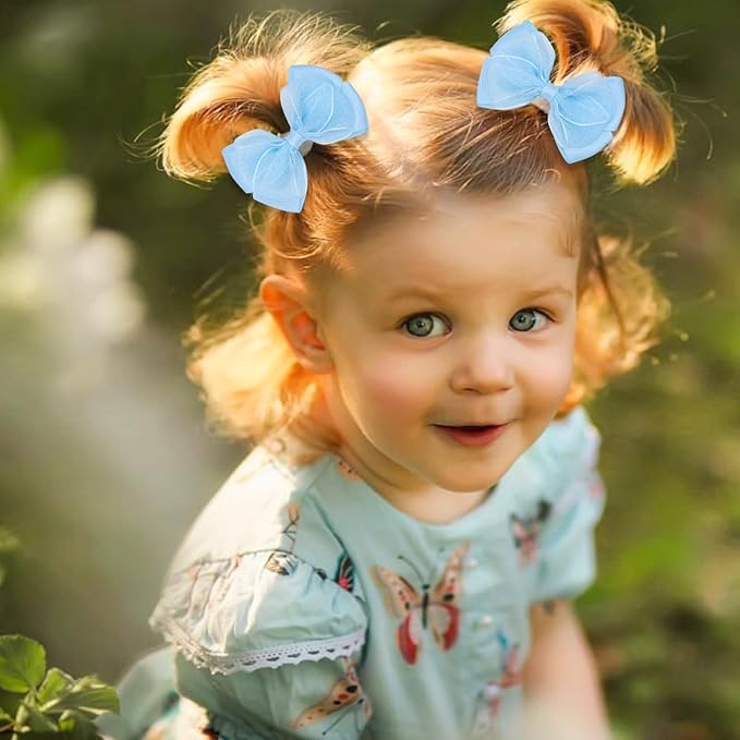Tiny 3 Inch Organza Double Hair Bow Clips - Lined Boutique Alligator Hairpin for Baby Girls, Toddlers, and Little Teens - Kids Barrettes Set of 2 Small Stylish (Light Blue)