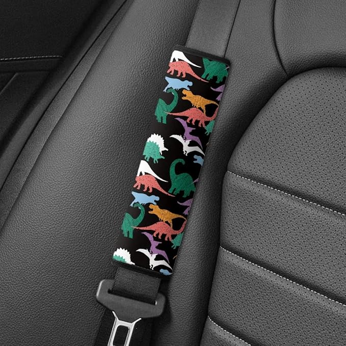 ENLACHIC Baby Car Seat Belt Cover, Cute Dinosaur Print Car Seat Shoulder Strap Pads, Infant Car Seat Cushion Safety Seatbelt Protector for Kids Boys Girls,Black Dinosaur