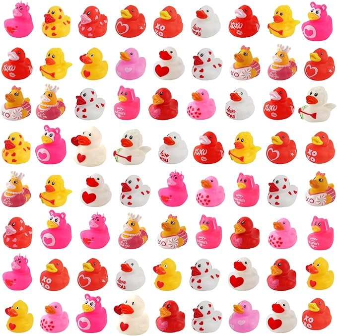 72 Pcs Valentine Rubber Ducks - Holiday Ducks Bag Fillers Ducking, Bathtub Toys, Party Favors, Classroom Game Prizes, Valentine Day Decorations