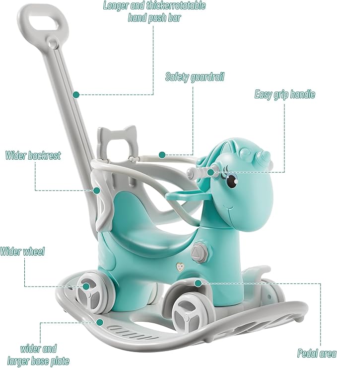 Runboll Rocking Horse for Toddlers, Baby Rocking Toy with Push Handle, Backrest & Detachable Balance Board, Riding Horse Toy for Baby Girl and Boy, 1-3 Years Old Kids Riding Birthday