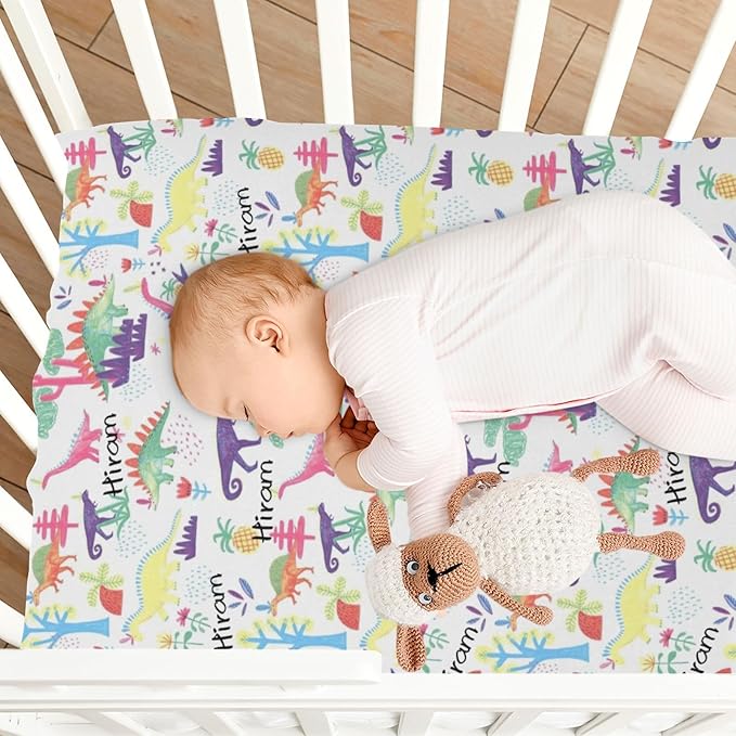 Personalized Dinosaur Mini Crib Fitted Sheet for Baby Boys, Custom Pack and Play Sheets with Name, Customized Name Multiuse Sheets for Pack & Play, Playard, Playpen, Mini Crib Mattress