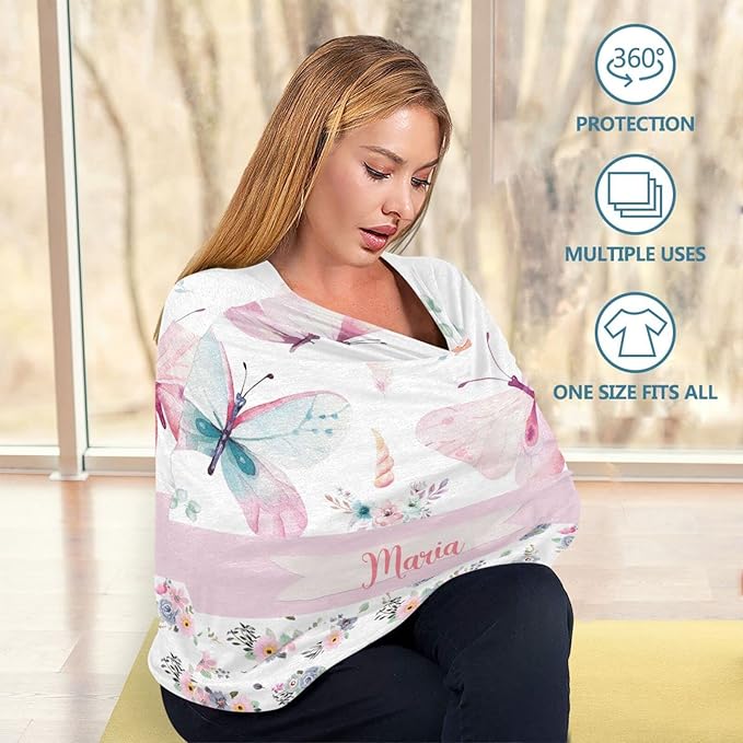 Personalized Baby Car Seat Cover for Girls, Custom Nursing Covers for Breastfeeding with Name, Infant Stroller Cover, Baby Carseat Canopy for Newborn, Multiuse Car Seat Canopies, Floral Butterfly