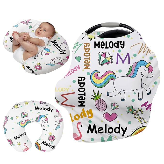 Personalised Car Seat Cover for Babies - White Horse Multi-use Carseat Canopy Cover with Name, Car Seat Covers, Christmas Birthday Gifts for Infant Boys and Girls(27"x29")
