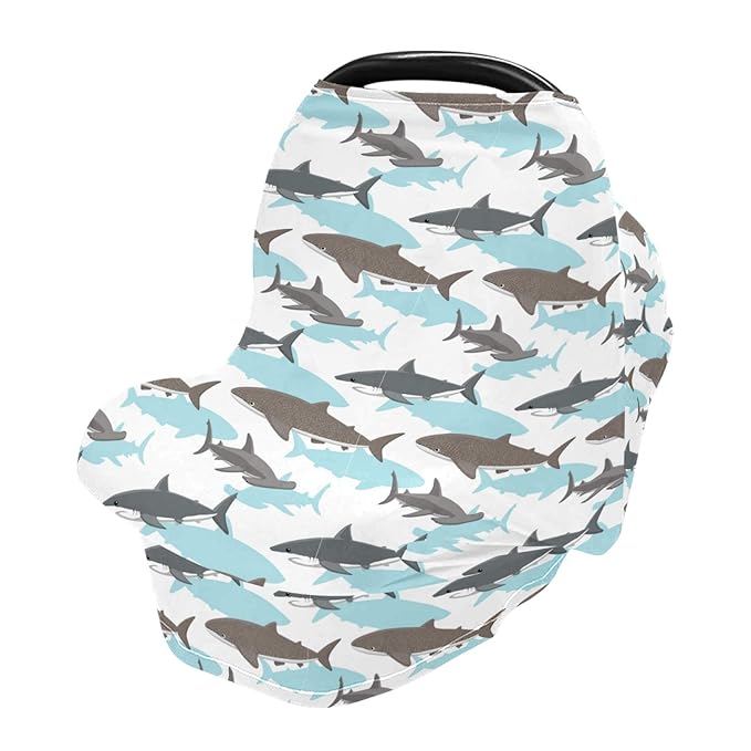 Stretchy Baby Car Seat Covers for Boys Girls Shark Pattern Infant Car Canopy Nursing Cover Breastfeeding Scarf