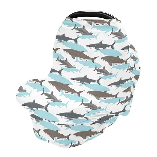 Stretchy Baby Car Seat Covers for Boys Girls Shark Pattern Infant Car Canopy Nursing Cover Breastfeeding Scarf