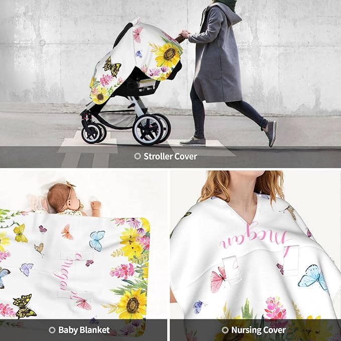 Personalized Baby Car Seat Canopy for Babies, Custom Name Car Seat Covers for Baby Girl, Sunflower Butterfly Opening Minky Nursing Breastfeeding Cover for Infant, Carseat Canopies for Newborn