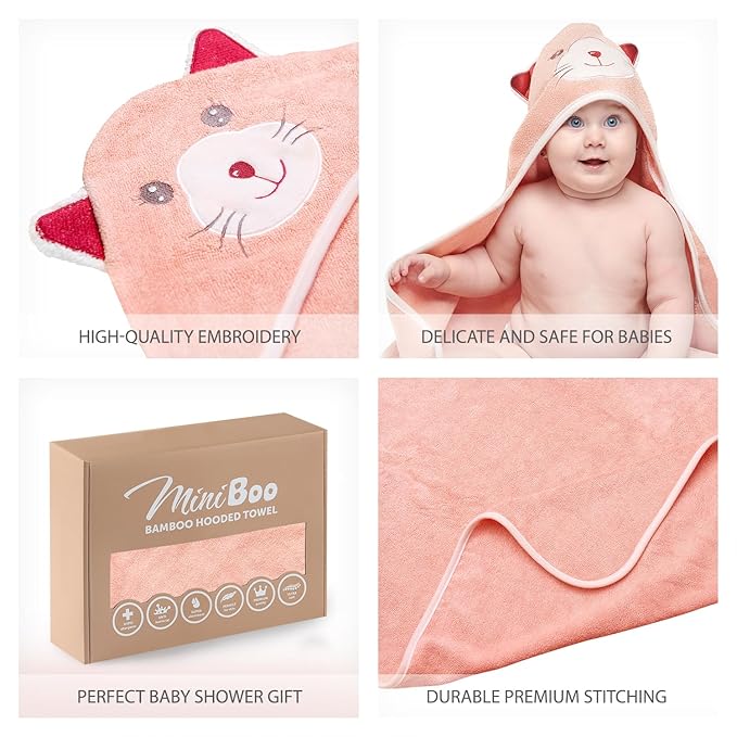 MINIBOO Hooded Baby Towels for Newborn & Toddler - Super Soft Baby Bath Towels with Hood, Highly Absorbent Viscose Made from Bamboo Hooded Towel for Girls, Newborn Essentials